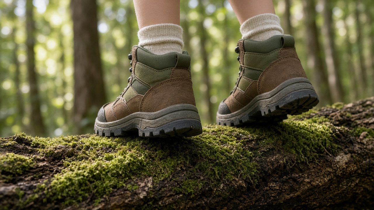 Kind balanciert in knöchelhohen Wanderschuhen mit grobem Profil über einen bemoosten Baumstamm
