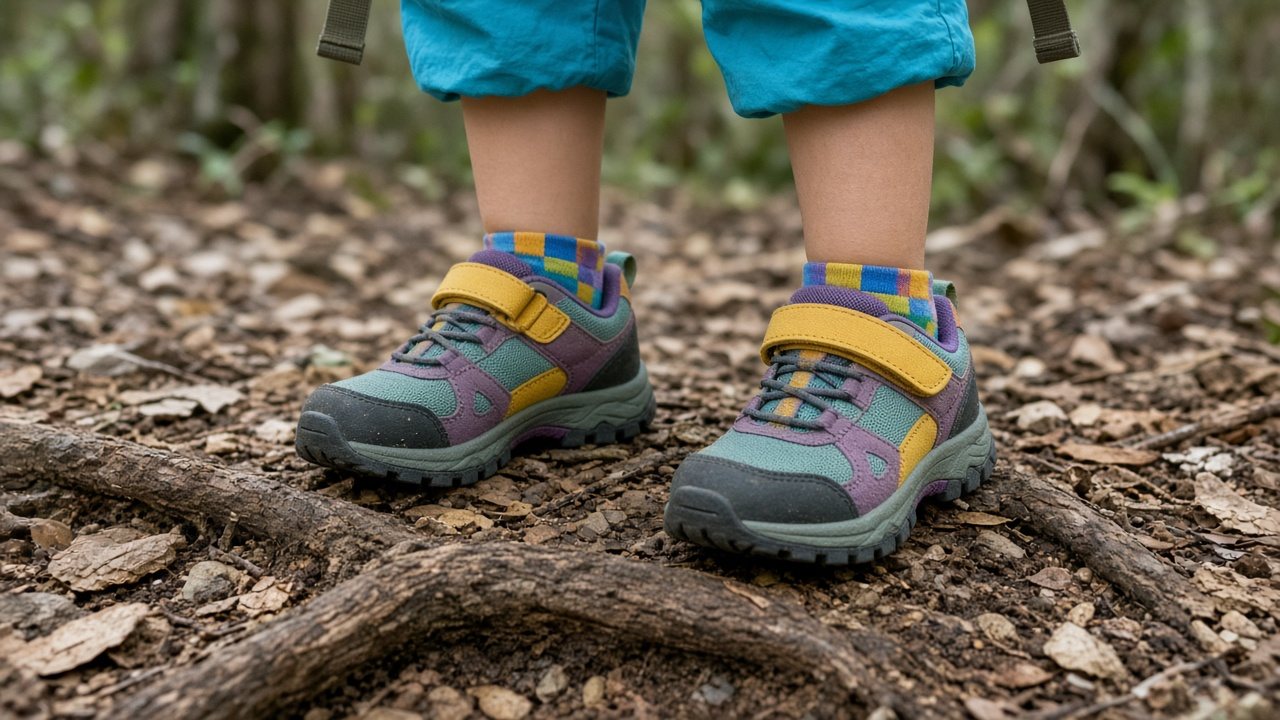 Nahaufnahme: Kinderfüße in leichten, knöchelhohen Wanderschuhen mit Klettverschluss und griffiger Sohle auf einem Waldweg mit Wurzeln
