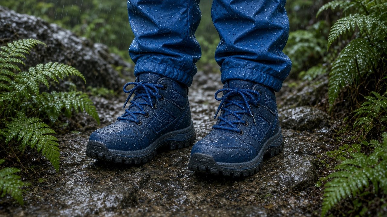 Kinderfüße in wetterfesten, knöchelhohen Wanderschuhen auf nassem Felsweg zwischen Farnen