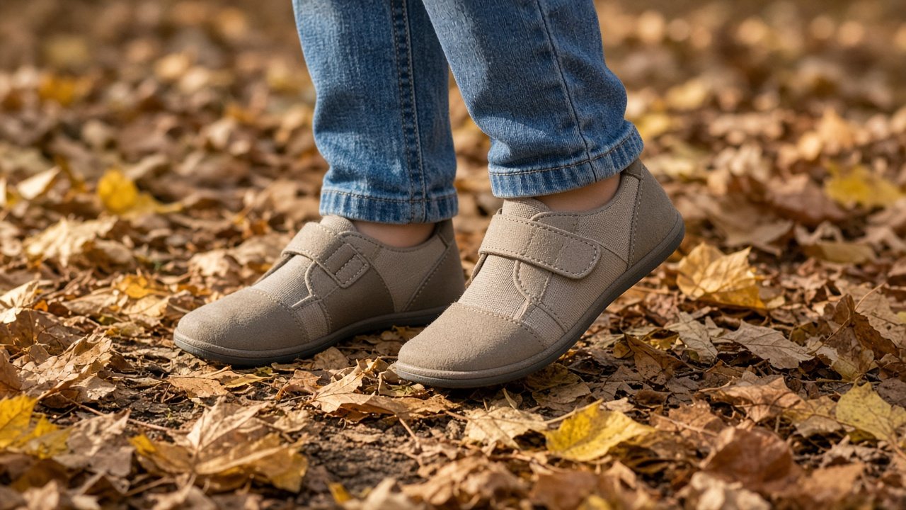 Kinderfüße in flachen Barfuß-Klettschuhen mit weiter Zehenbox im Herbstlaub
