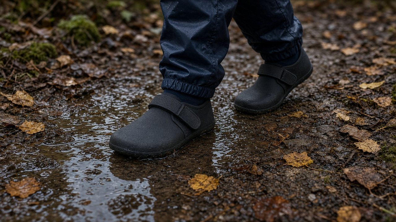 Kind in Regenhose und flachen, wasserabweisenden Barfuß-Klettschuhen auf einem nassen Waldweg im Herbst