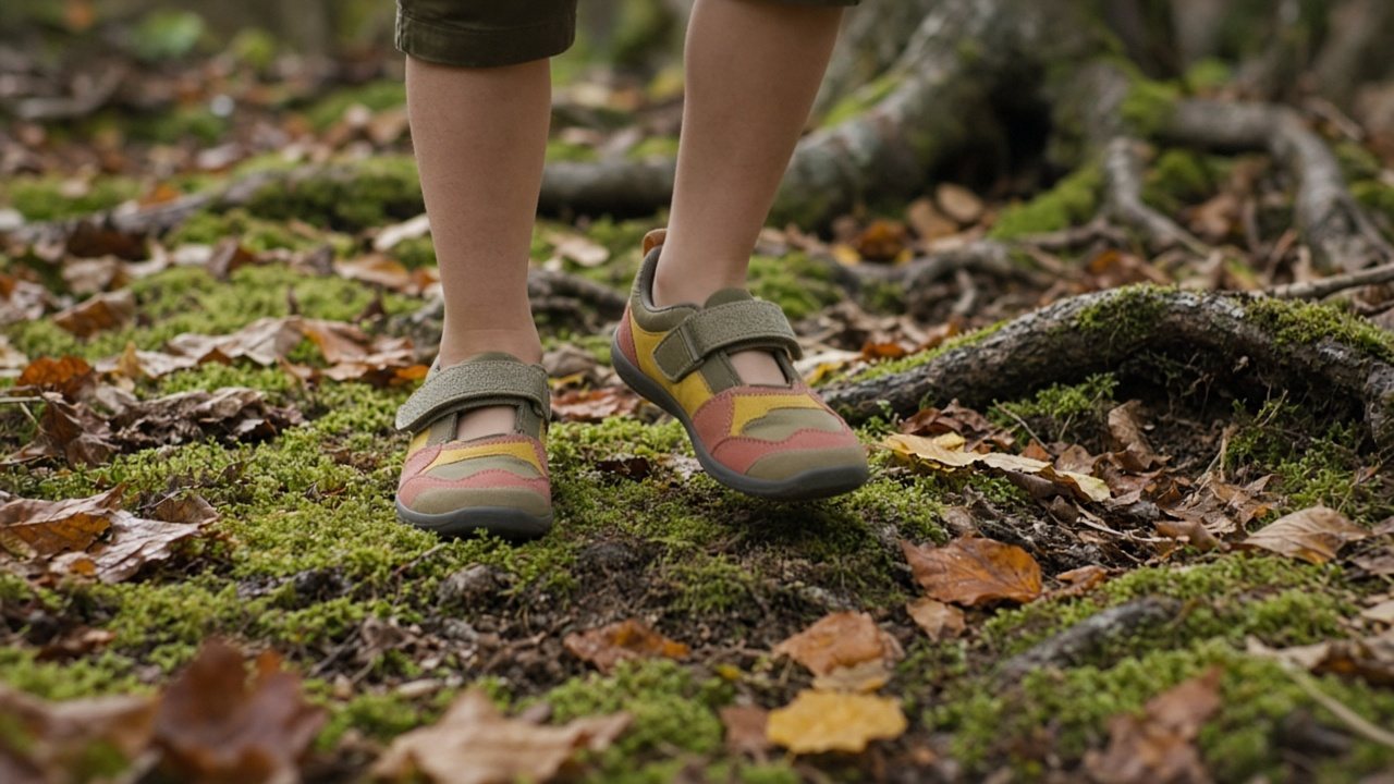 Kind in flachen, flexiblen Barfuß-Klettschuhen auf Waldboden mit Moos, Wurzeln und Herbstlaub