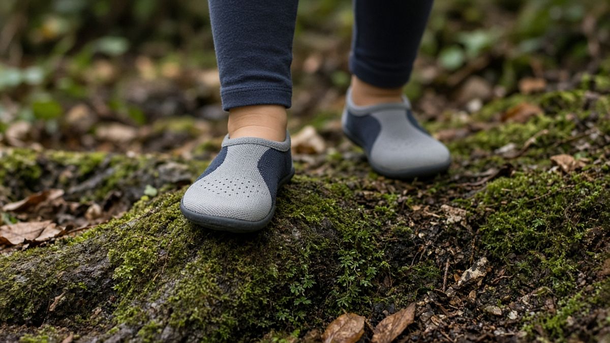 Kinder-Barfußschuhe auf Waldboden mit Wurzeln und Moos