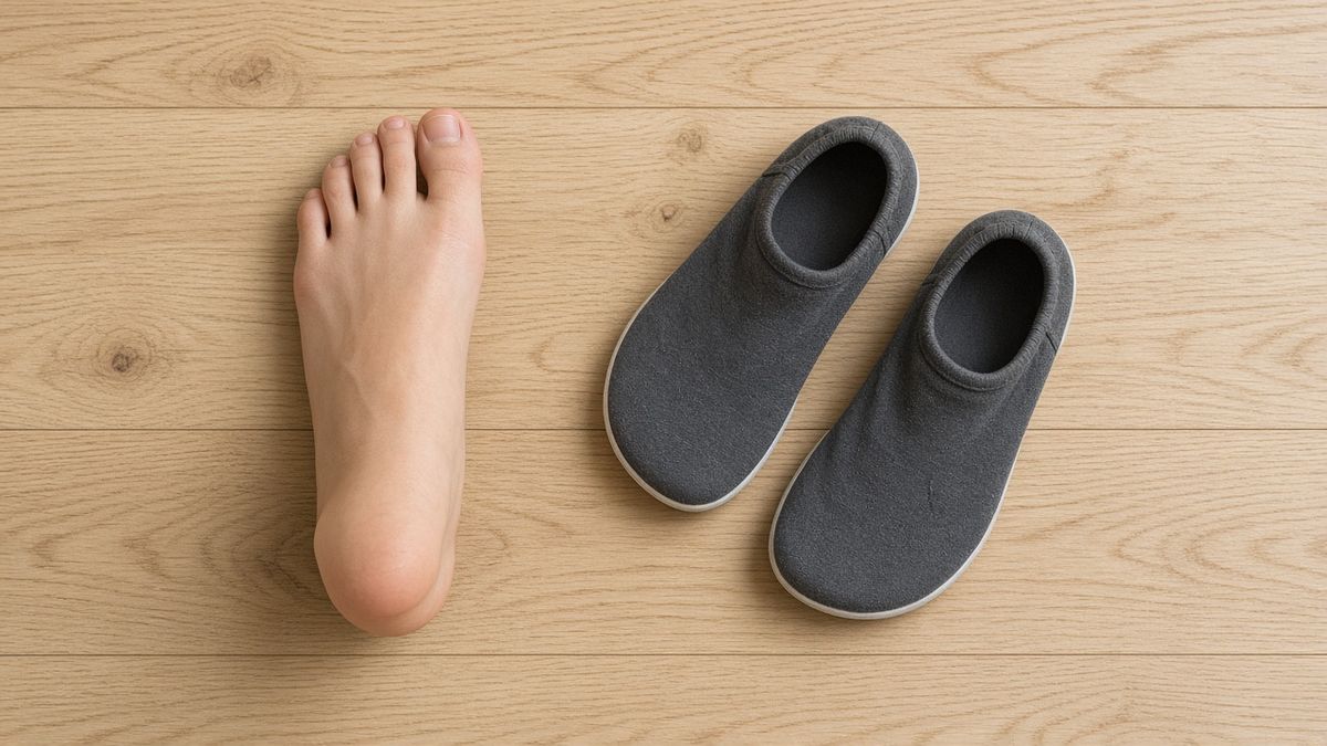 Kinder-Barfußschuhe mit breiter Zehenbox neben Kinderfuß