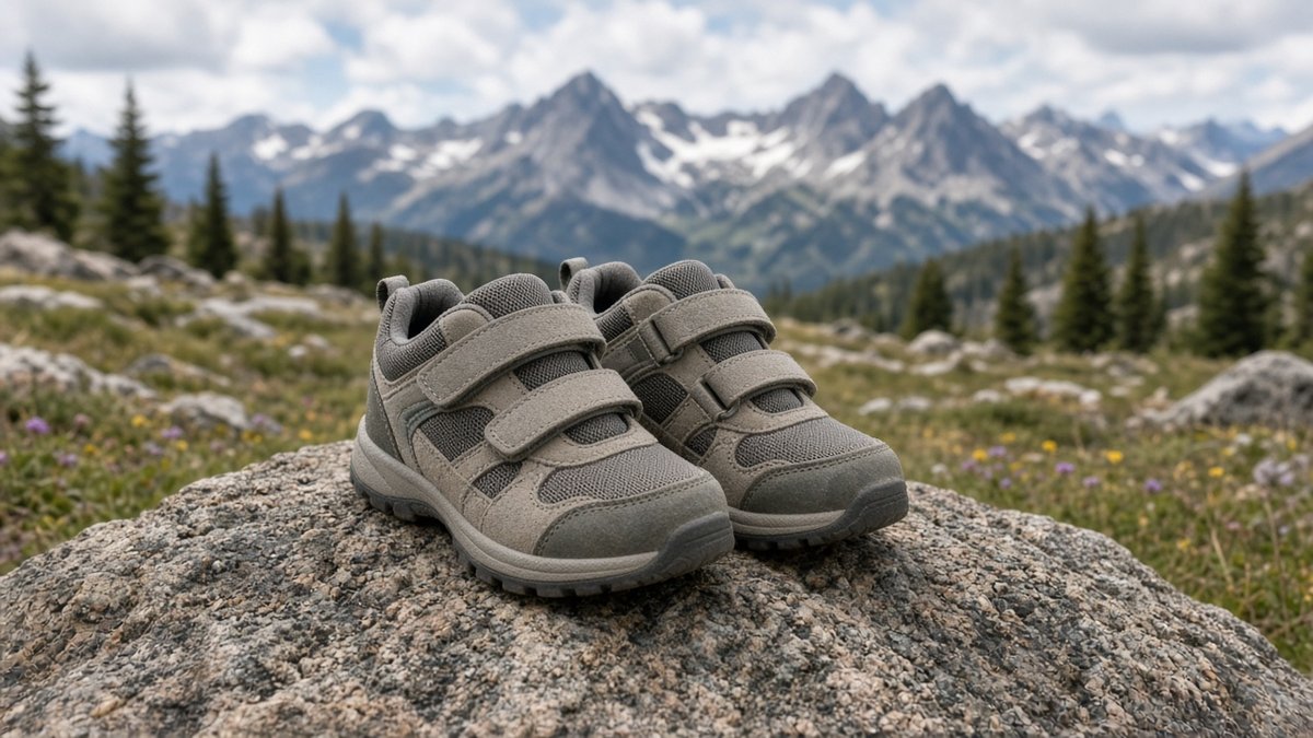 Beliebte Kinder-Wanderschuhe mit Klettverschluss auf einem Felsen Beliebte Kinder-Wanderschuhe mit Klettverschluss auf einem Felsen
