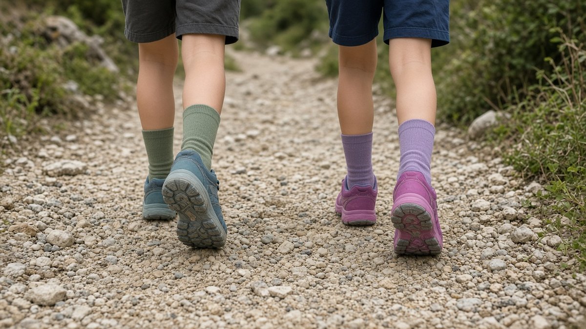 Zwei Kinder laufen mit Wanderschuhen auf einem Schotterweg Zwei Kinder laufen mit Wanderschuhen auf einem Schotterweg
