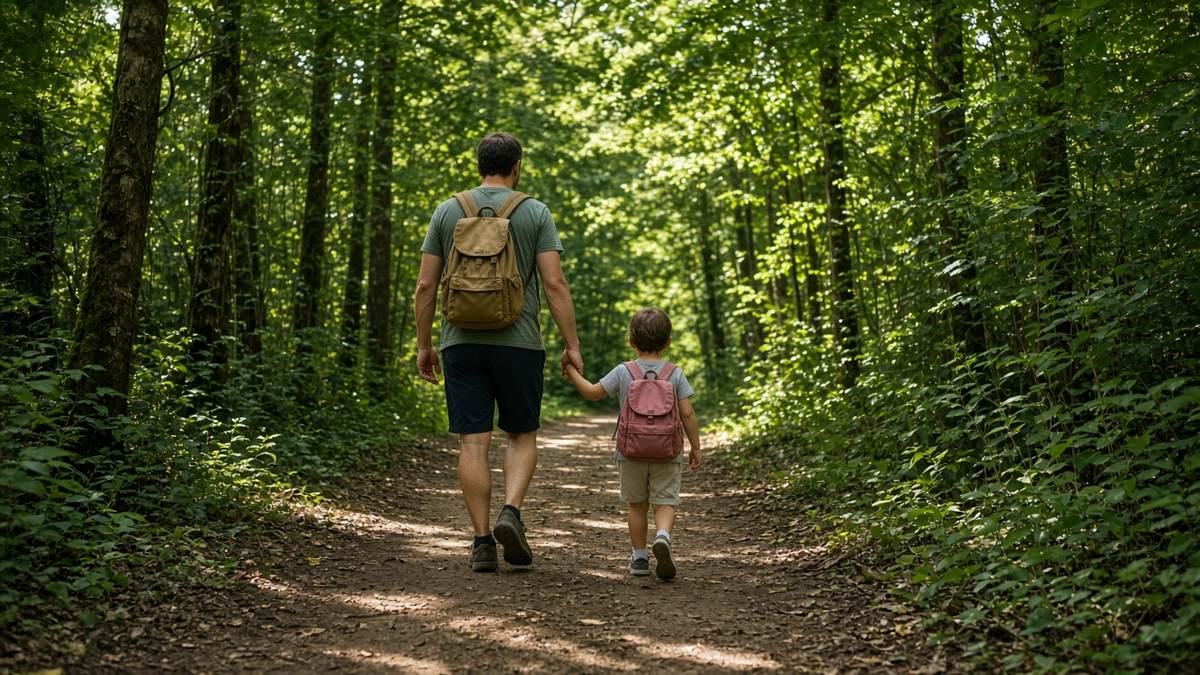 Erste Wanderung mit Kind auf einem leichten Waldweg Erste Wanderung mit Kind auf einem leichten Waldweg
