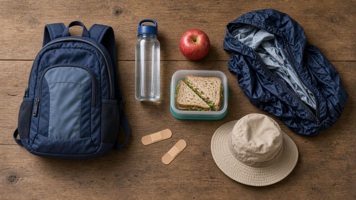 Gepackter Kinderrucksack für die erste Familienwanderung Gepackter Kinderrucksack für die erste Familienwanderung