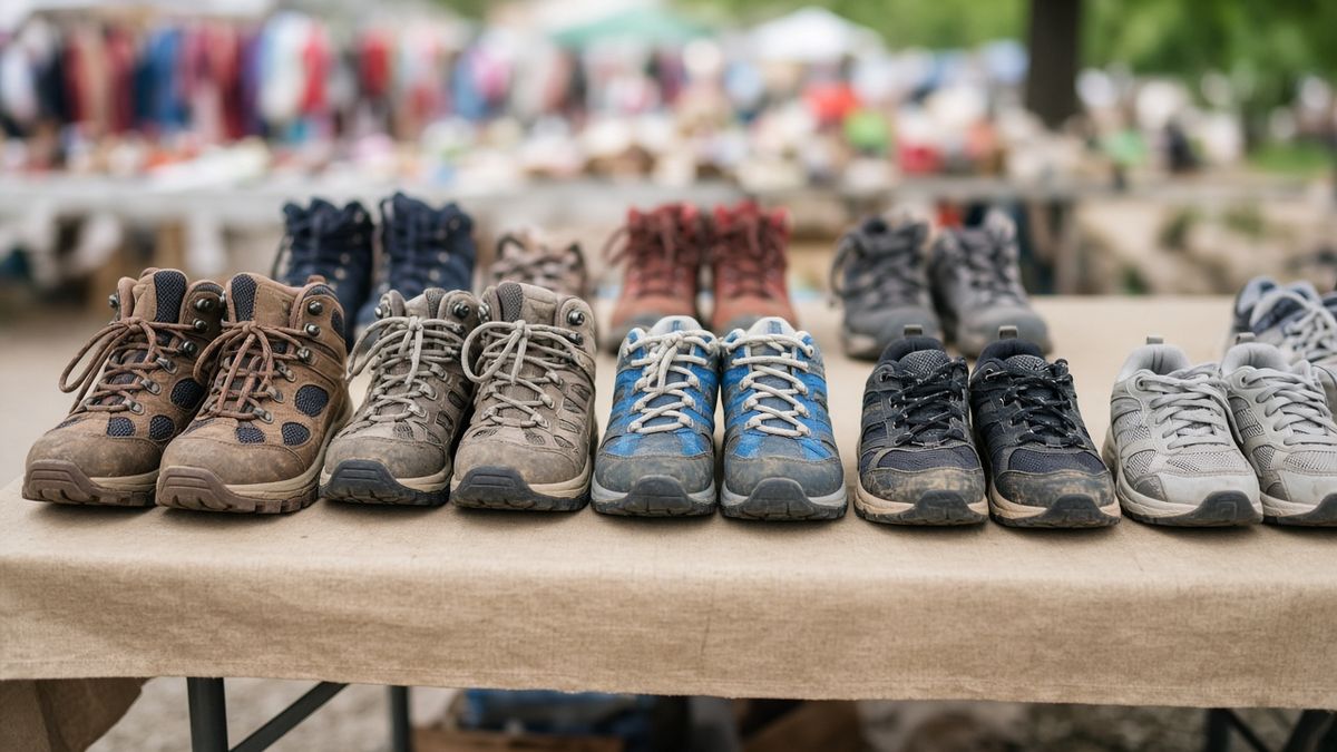 Gebrauchte Kinder-Wanderschuhe auf einem Flohmarkt