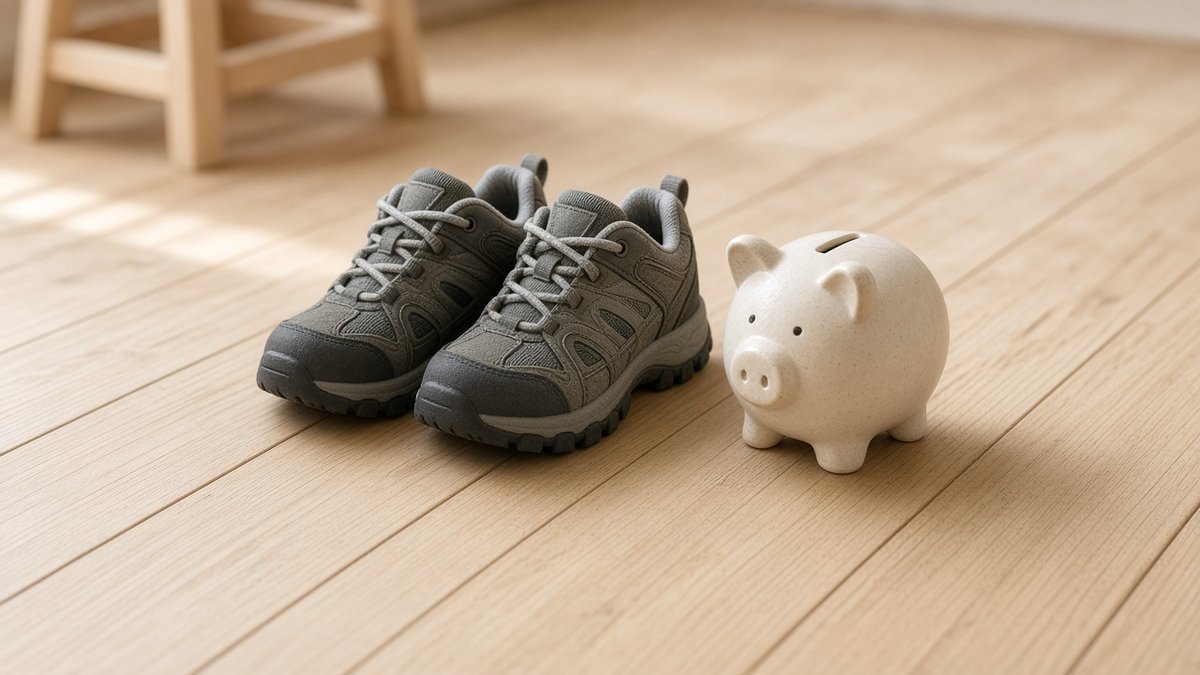 Günstige Kinder-Wanderschuhe neben einem Sparschwein Günstige Kinder-Wanderschuhe neben einem Sparschwein