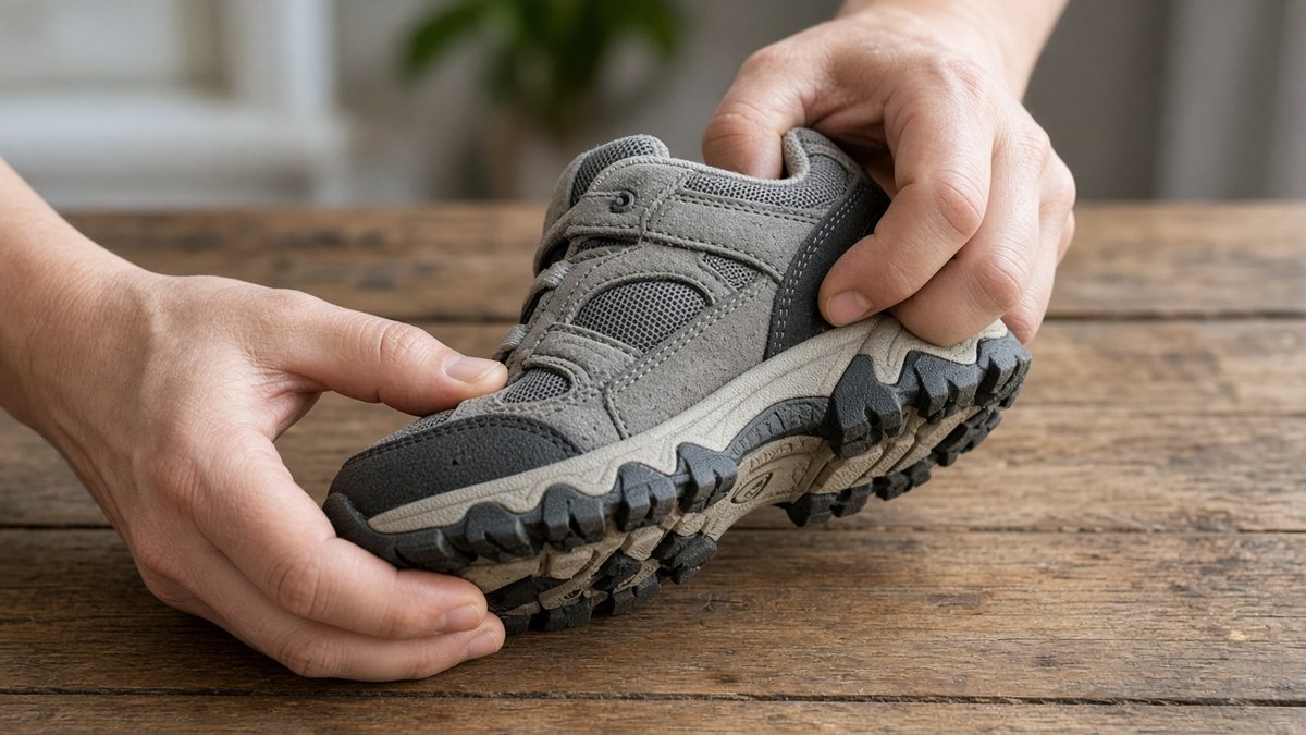 Günstiger Kinder-Wanderschuh wird an Sohle und Nähten auf Qualität geprüft Günstiger Kinder-Wanderschuh wird an Sohle und Nähten auf Qualität geprüft