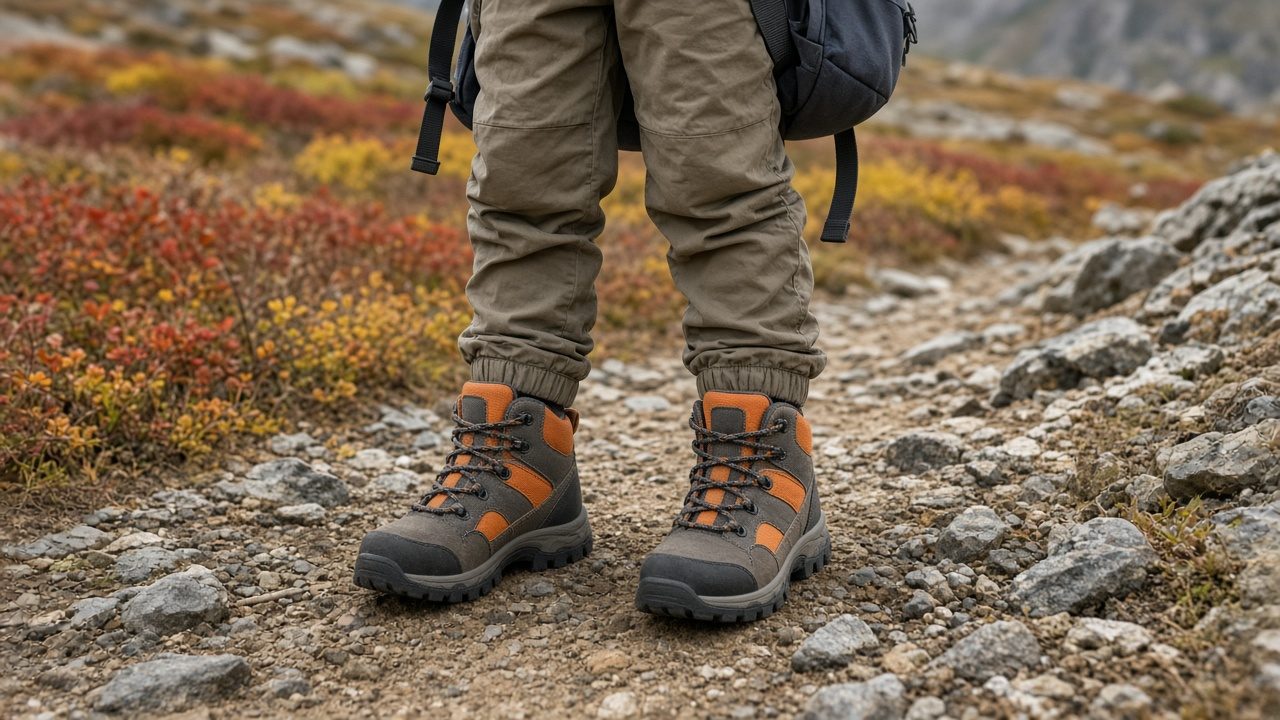Kind mit Rucksack in knöchelhohen Wanderschuhen mit grobem Profil auf einem steinigen Bergpfad im Herbst