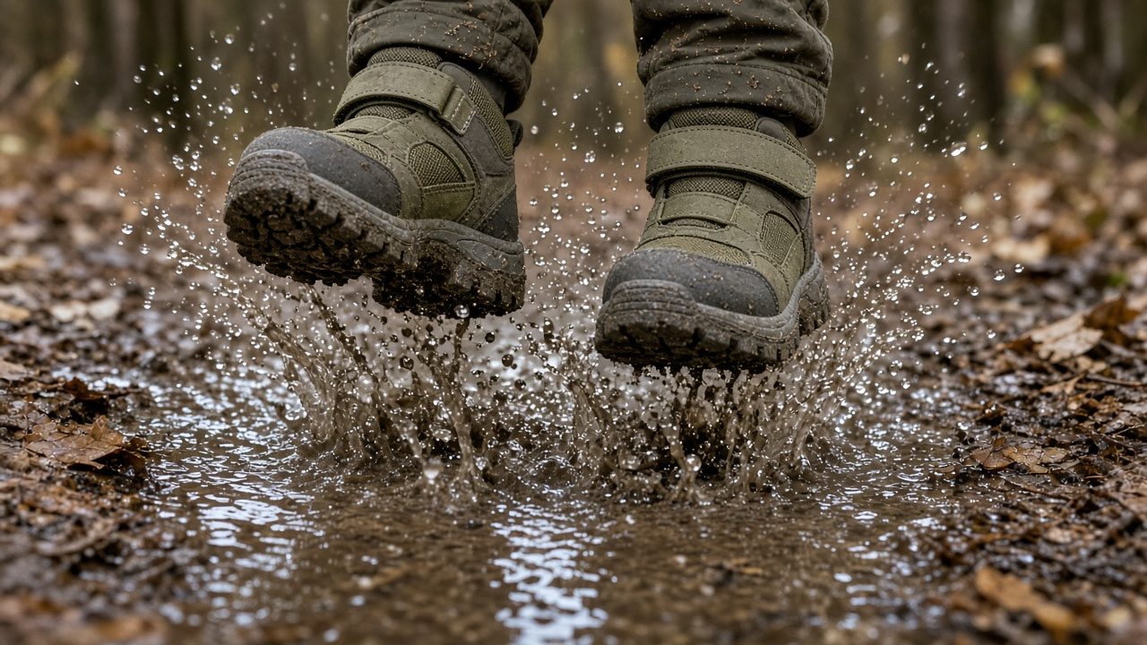 Kind springt mit knöchelhohen Klett-Wanderschuhen und grobem Sohlenprofil in eine Pfütze auf dem Waldweg