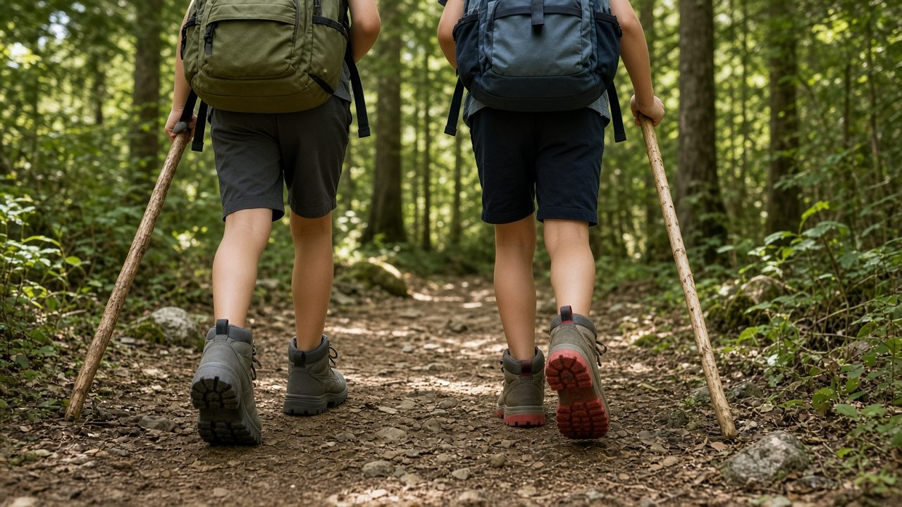 Zwei Kinder mit Rucksack und Wanderstöcken in knöchelhohen Wanderschuhen mit grobem Profil auf einem Waldweg