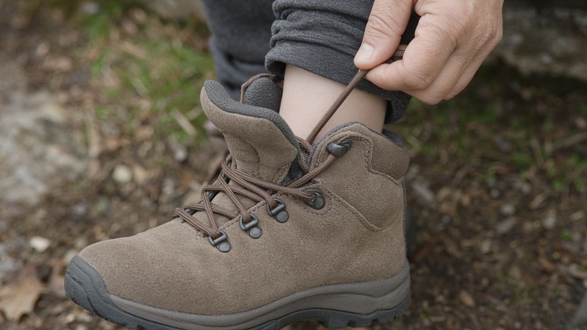 Anprobe eines Kinder-Wanderschuhs bei breitem Fuß