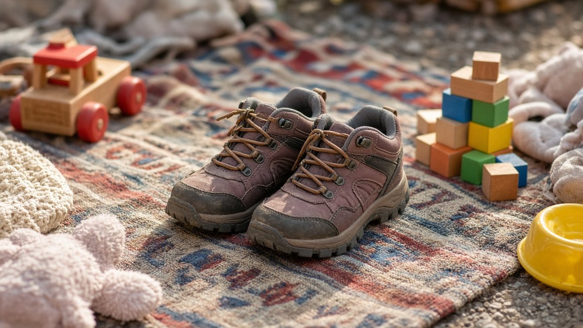 Gebrauchte Kinder-Wanderschuhe auf einem Flohmarkt Gebrauchte Kinder-Wanderschuhe auf einem Flohmarkt