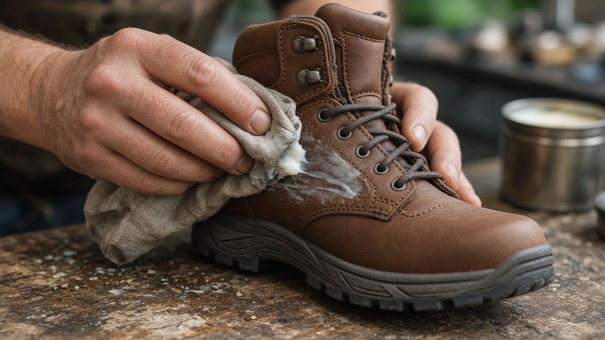 Kinder-Wanderschuh aus Leder wird mit Wachs gepflegt