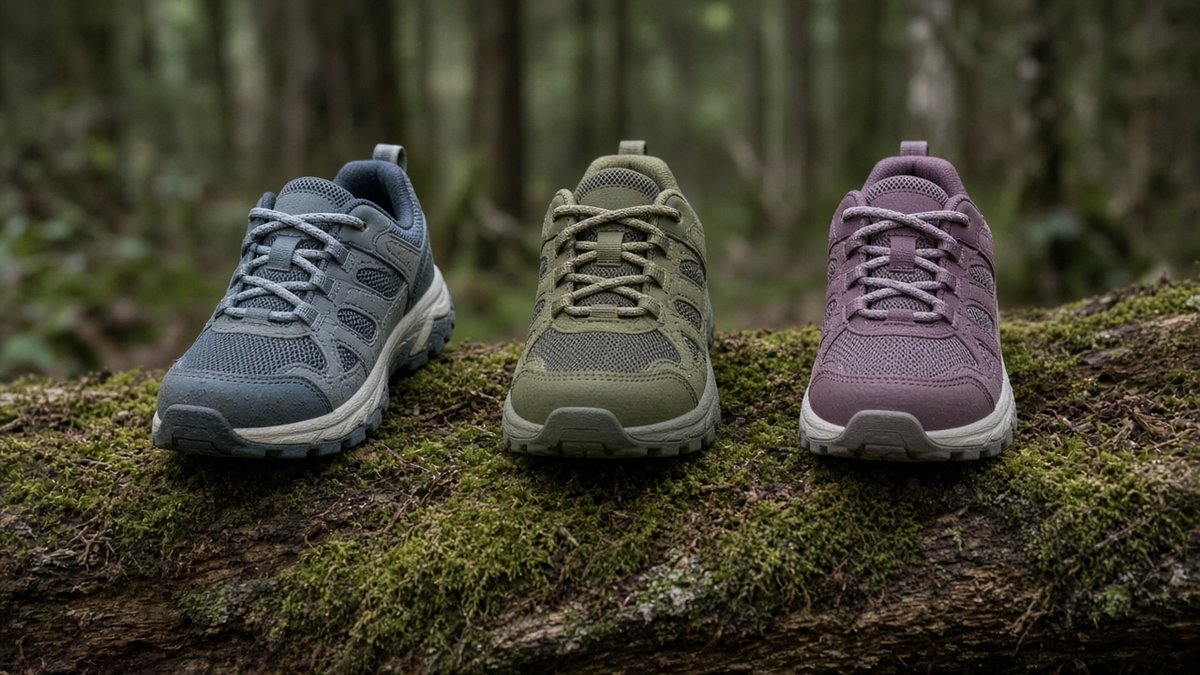 Drei Kinder-Wanderschuhe im Vergleich nebeneinander auf einem Baumstamm Drei Kinder-Wanderschuhe im Vergleich nebeneinander auf einem Baumstamm