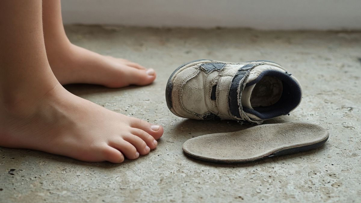 Zu kleiner Kinderschuh neben Kinderfuß und Einlegesohle Zu kleiner Kinderschuh neben Kinderfuß und Einlegesohle