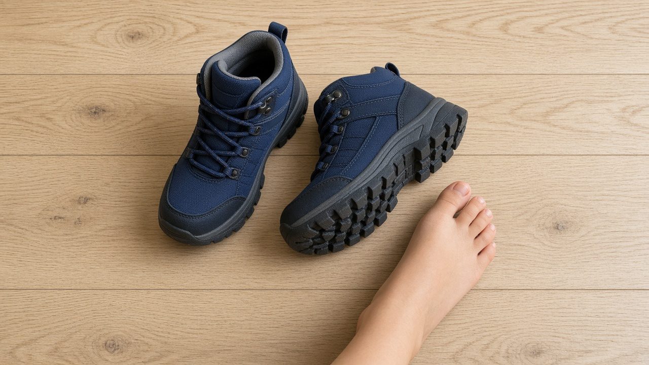Knöchelhohe Kinder-Wanderschuhe mit grobem Sohlenprofil neben einem Kinderfuß auf Holzboden
