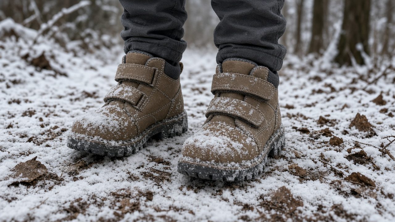 Kinderfüße in gefütterten, knöchelhohen Klett-Wanderschuhen mit grobem Profil auf verschneitem Waldweg