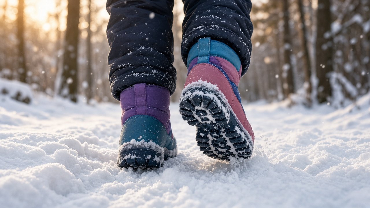 Kinder in gefütterten Winterstiefeln auf einem verschneiten Waldweg