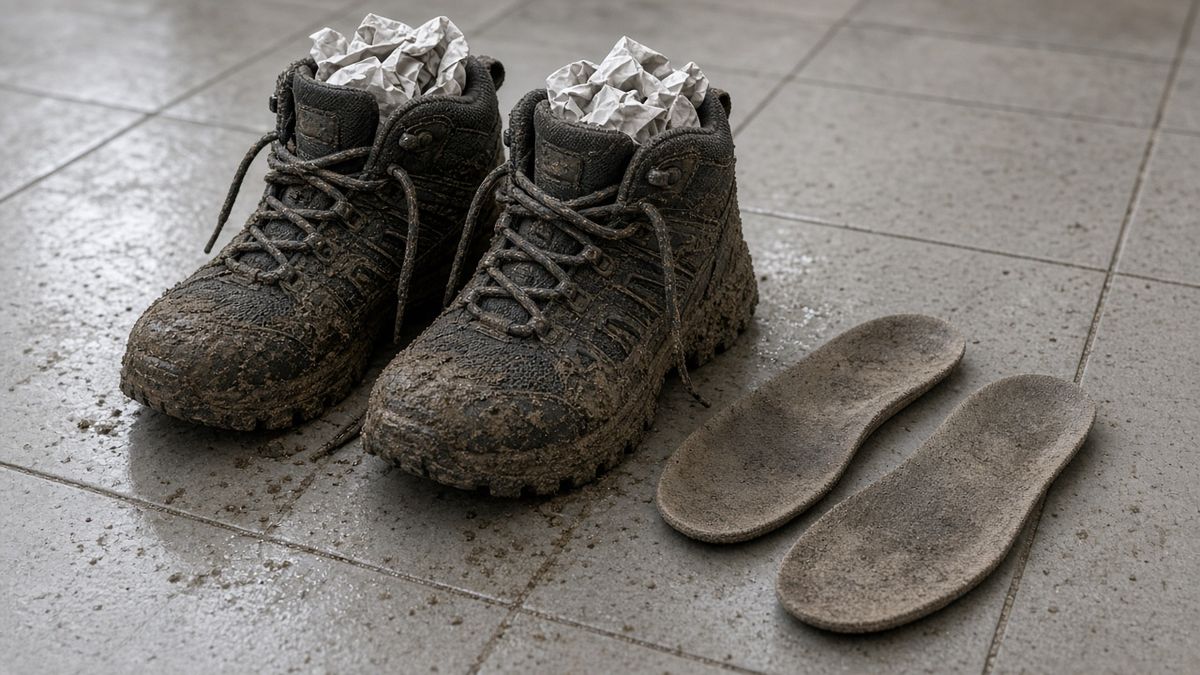 Nasse Kinder-Wanderschuhe mit Zeitungspapier ausgestopft zum Trocknen