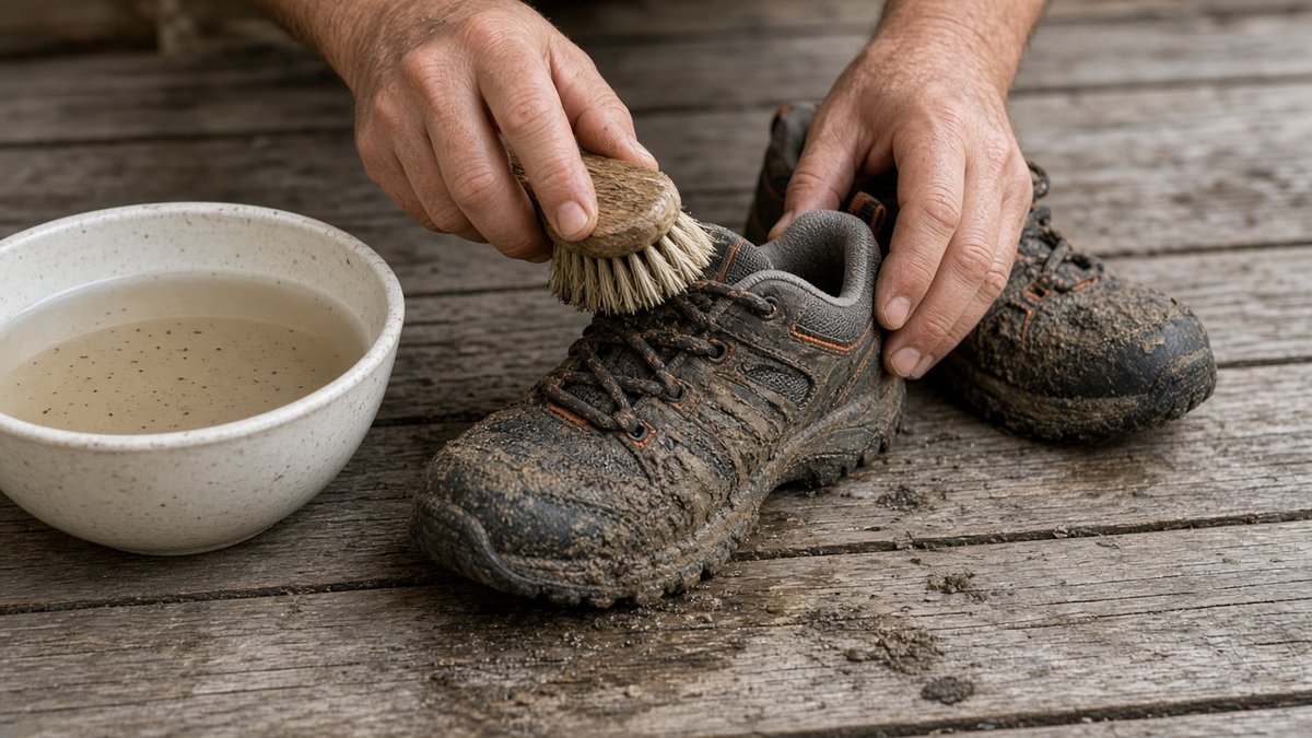 Wasserdichte Kinder-Wanderschuhe werden mit Bürste gereinigt Wasserdichte Kinder-Wanderschuhe werden mit Bürste gereinigt