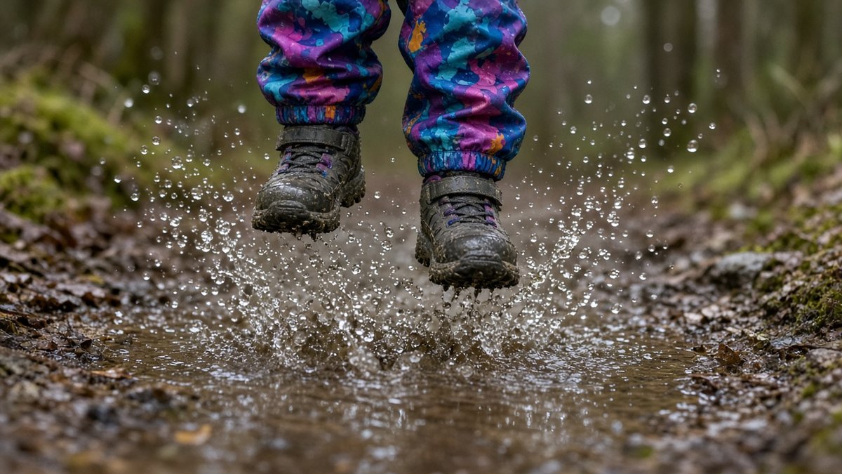 Kind steht mit wasserdichten Wanderschuhen in einer Pfütze Kind steht mit wasserdichten Wanderschuhen in einer Pfütze