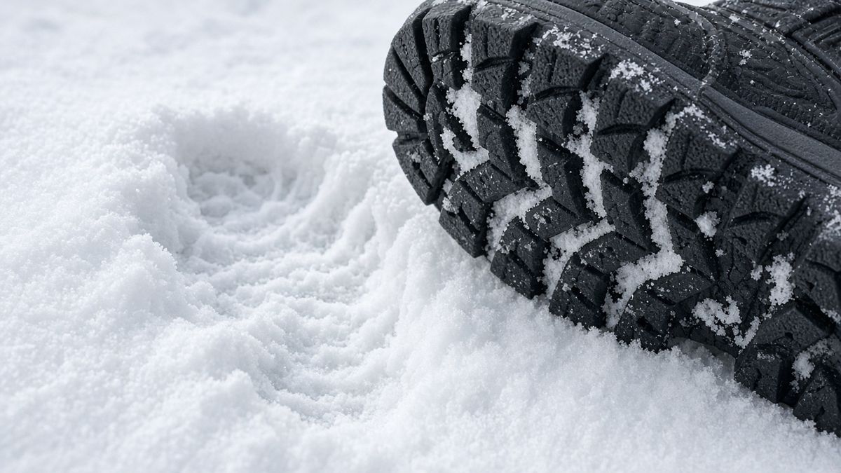 Profilsohle eines Kinder-Winterstiefels im frischen Schnee Profilsohle eines Kinder-Winterstiefels im frischen Schnee