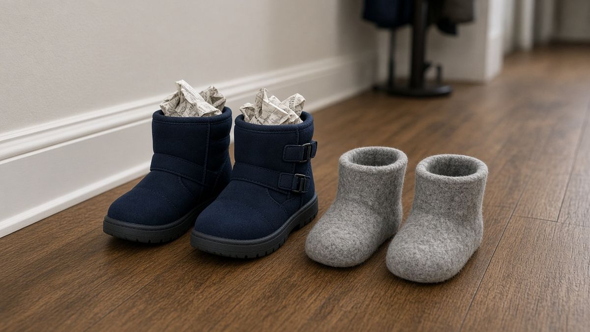 Kinder-Winterstiefel mit herausgenommenem Innenschuh beim Trocknen Kinder-Winterstiefel mit herausgenommenem Innenschuh beim Trocknen